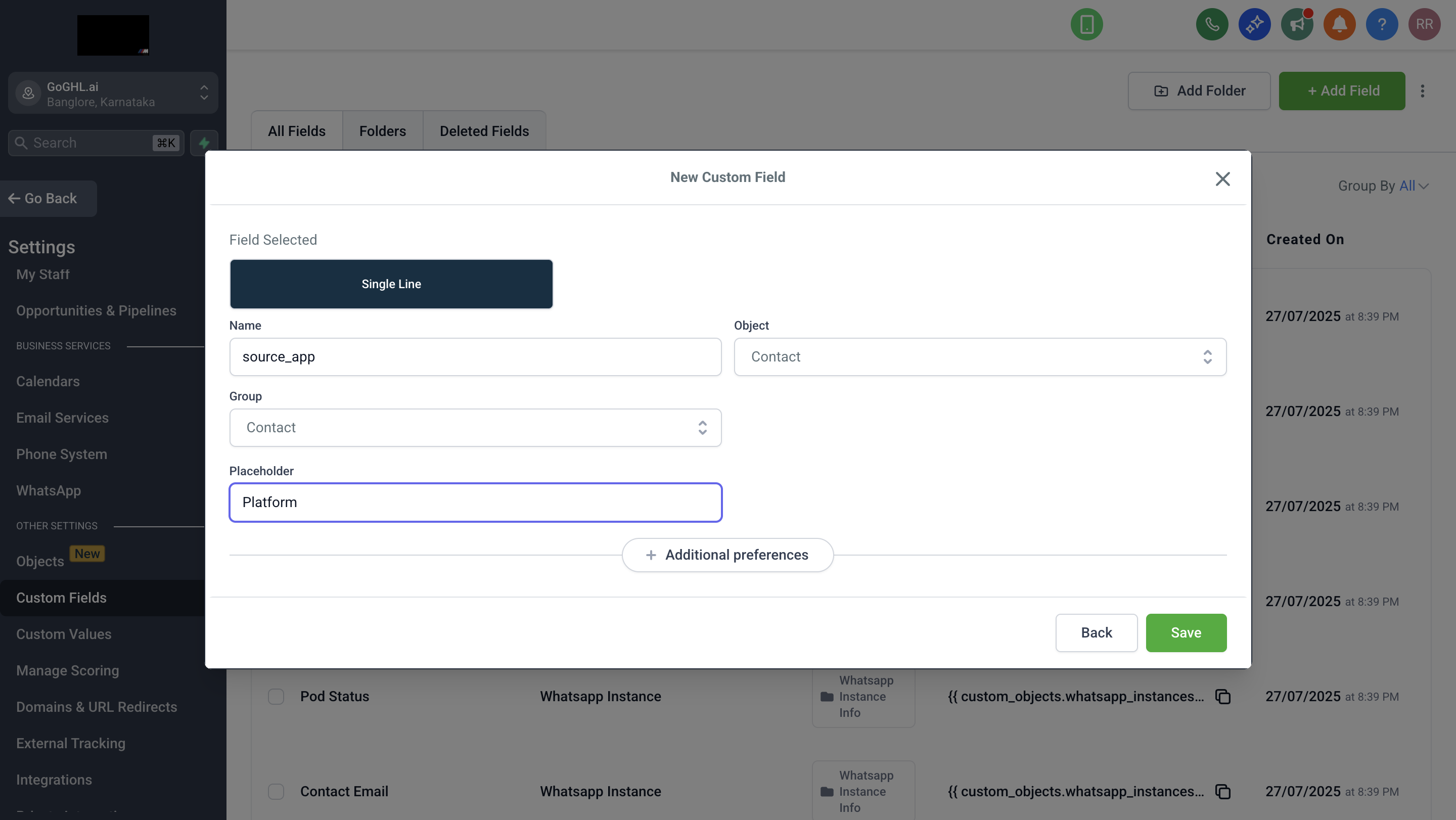 Custom field setup example