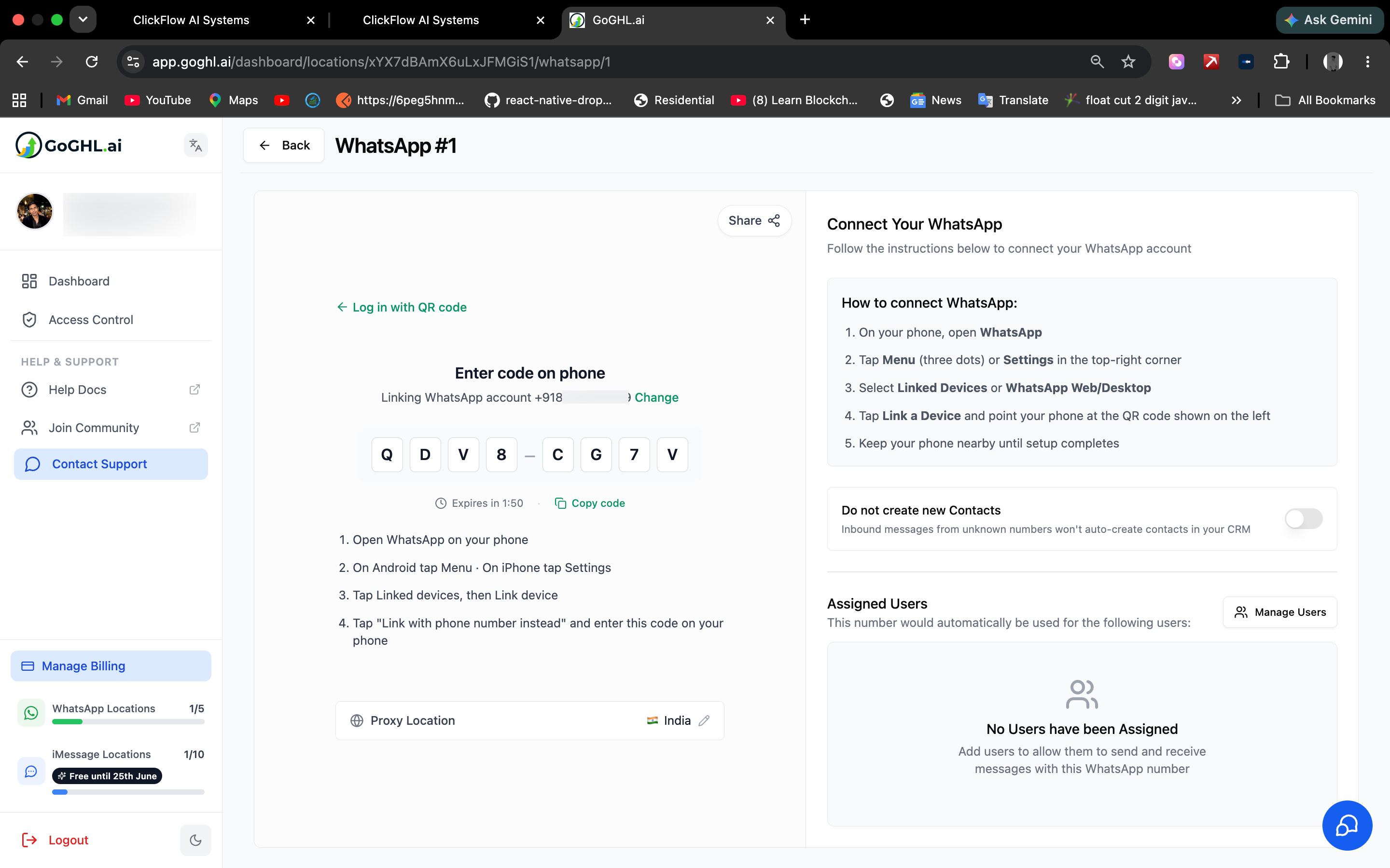 GoGHL.ai displays the 8-character linking code