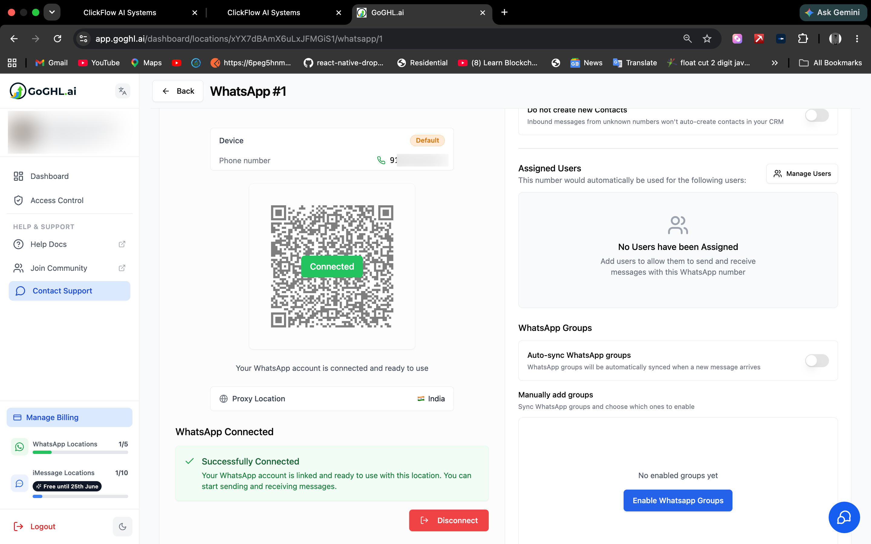 GoGHL.ai shows WhatsApp successfully connected