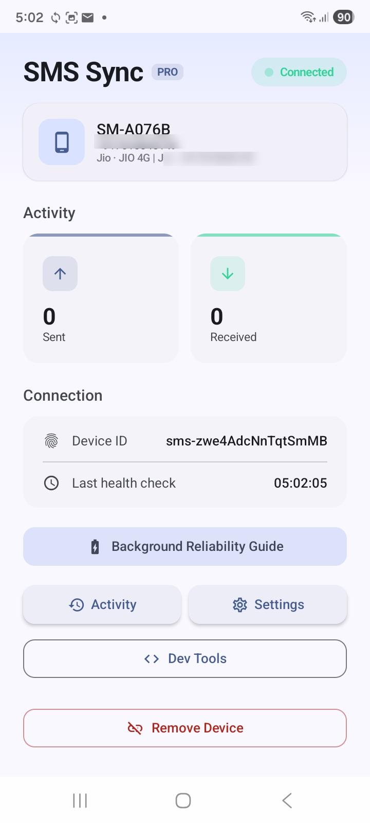 SMS Sync connected dashboard