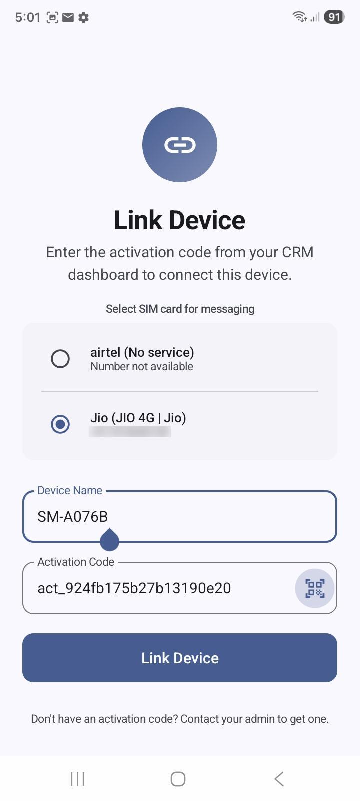 Link Device screen, select SIM and enter activation code
