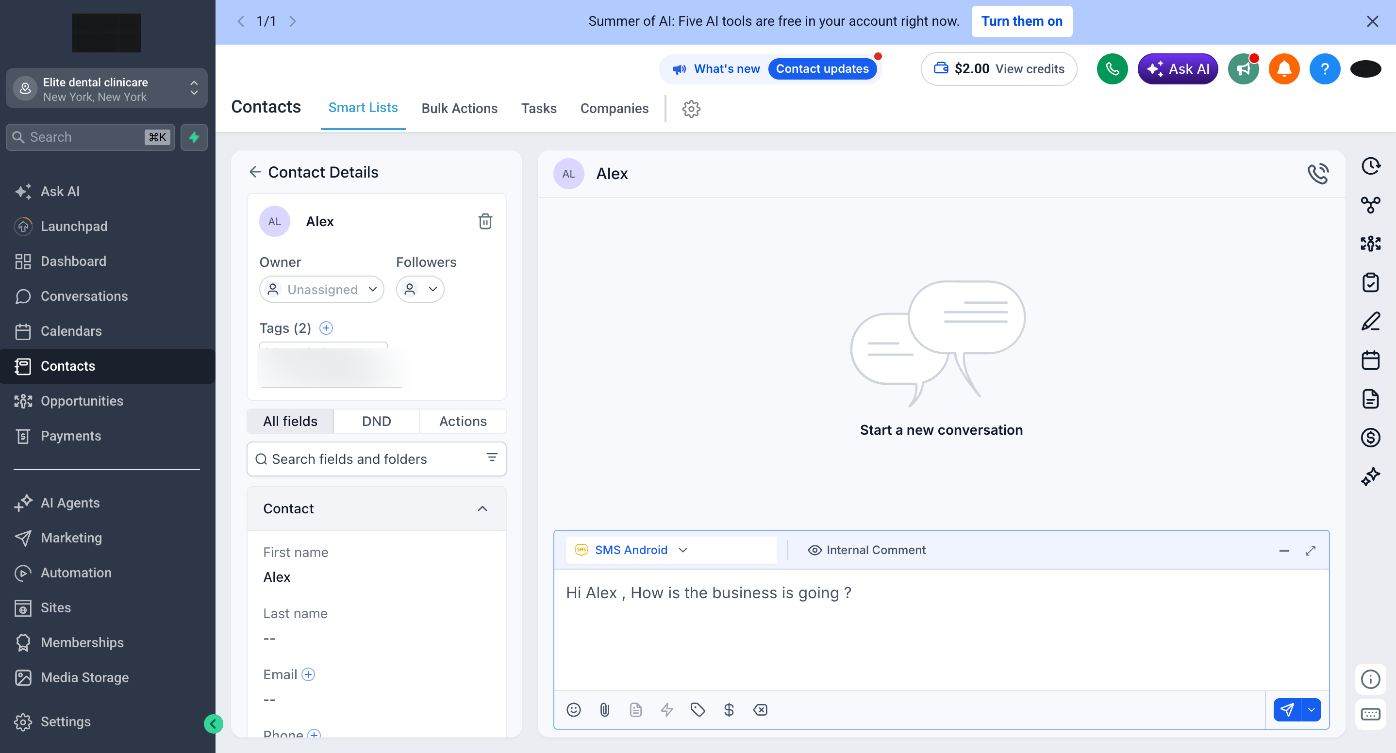 Send a test SMS from the CRM Conversations tab