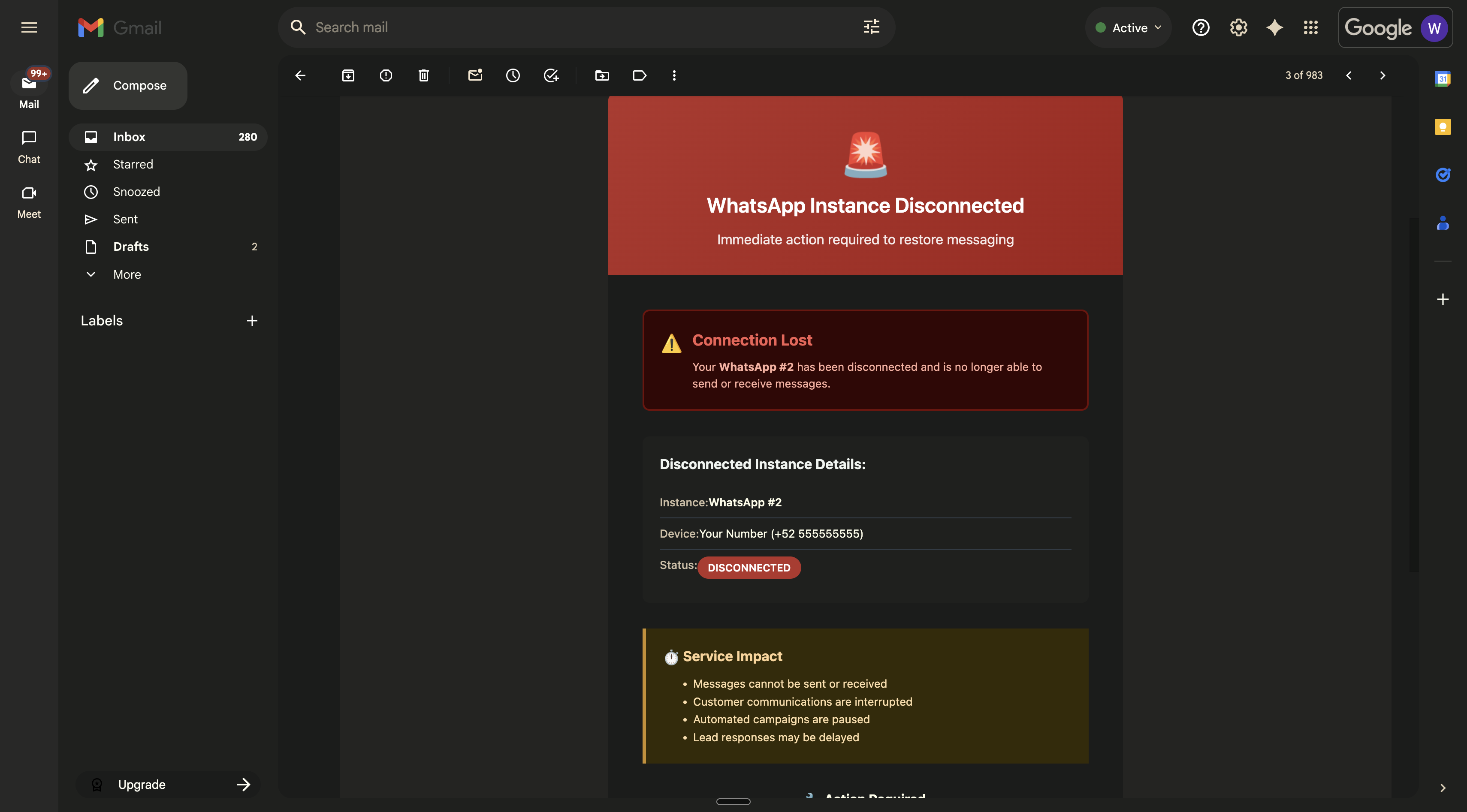 Ejemplo de Email de Alerta de Desconexión