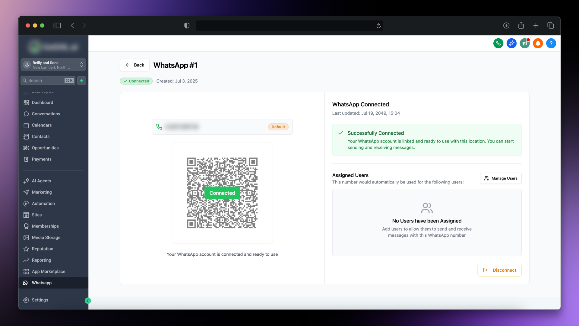 Pantalla de confirmación de WhatsApp de GoGHL.ai