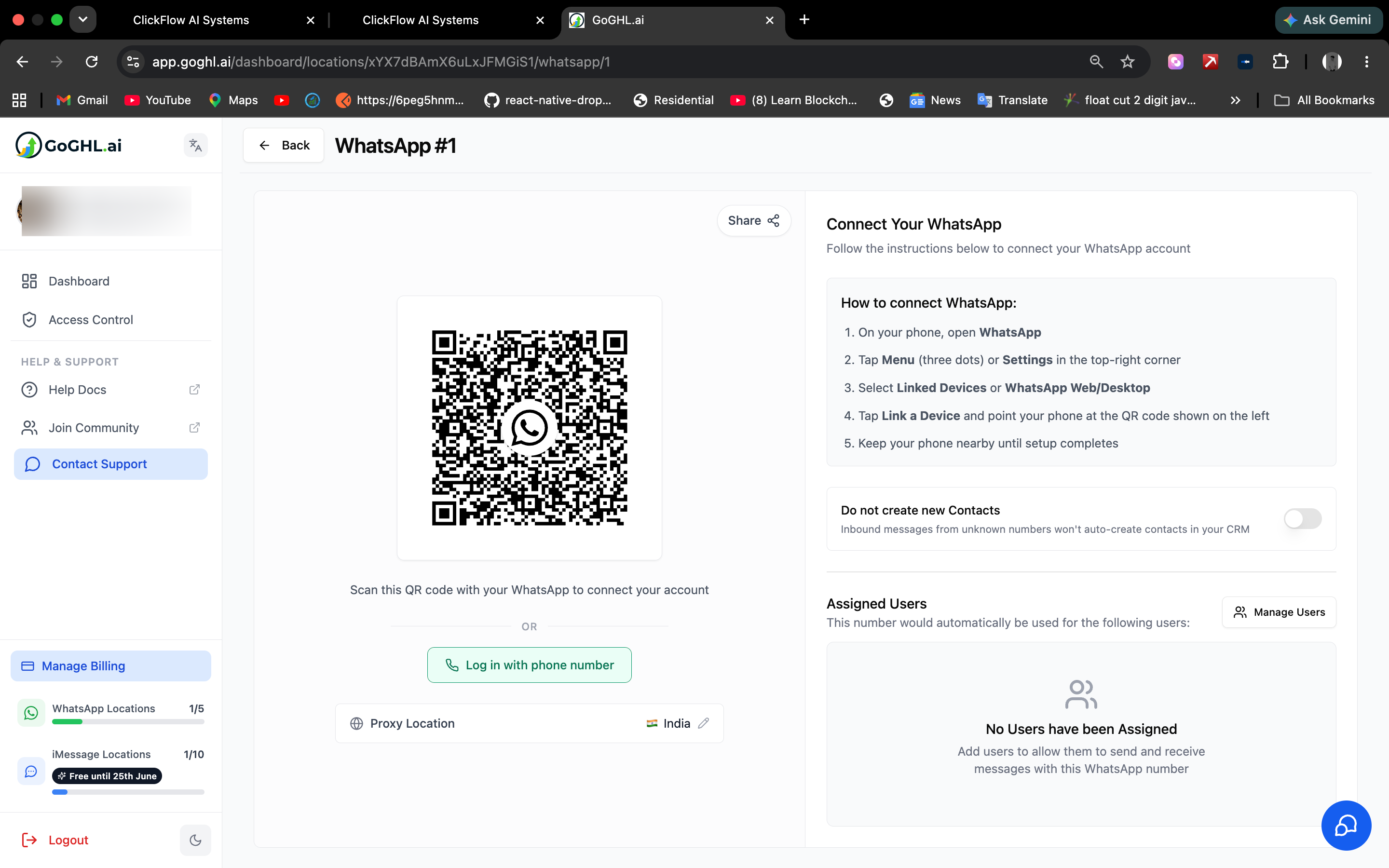 Pantalla de conexión de WhatsApp con el botón Iniciar sesión con número de teléfono