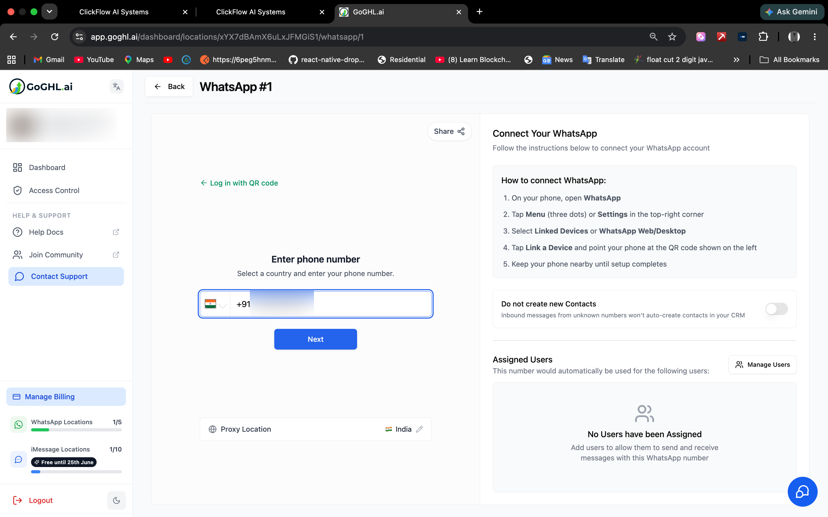 Ingresa el número de teléfono de la cuenta de WhatsApp