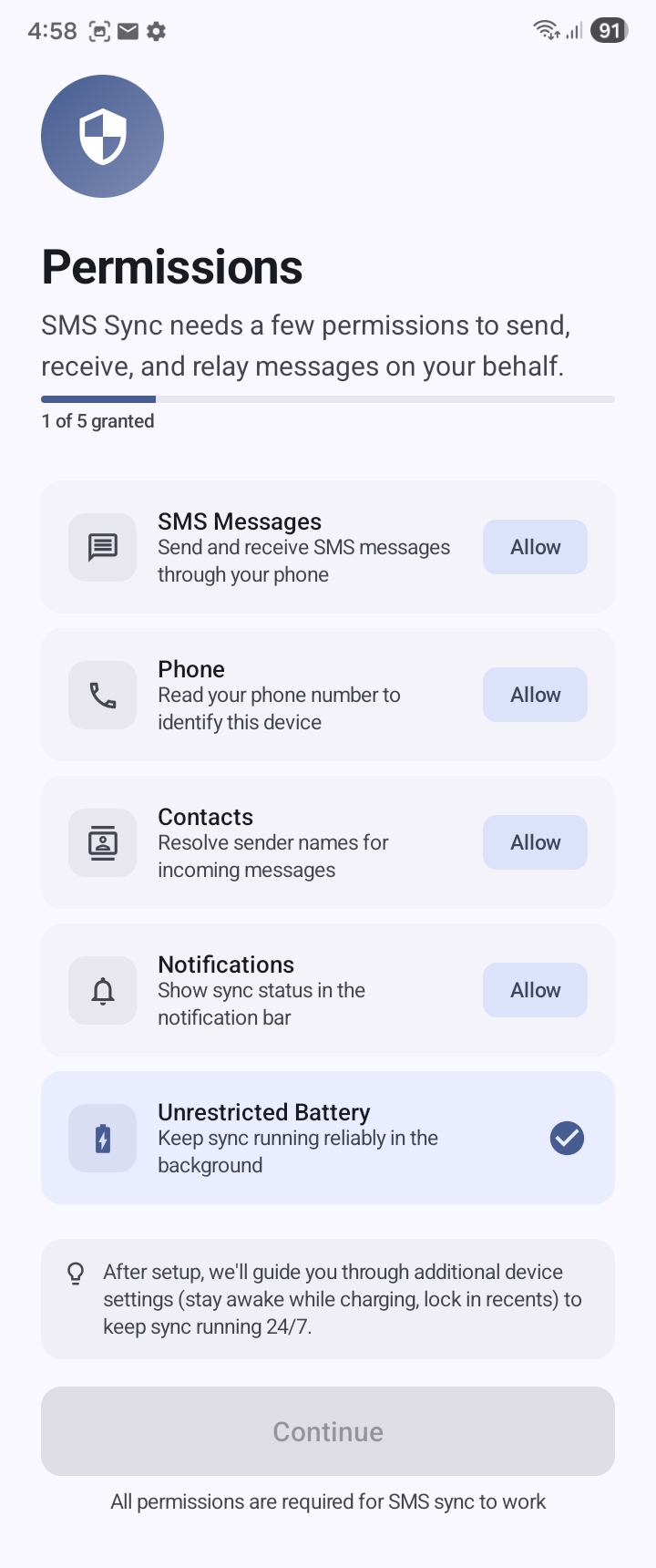 Concede todos los permisos de SMS Sync