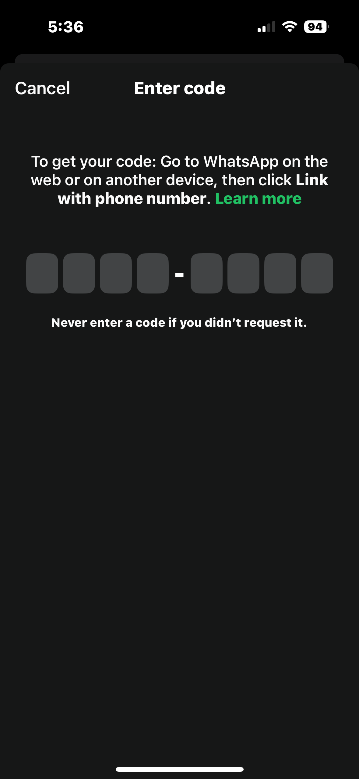 WhatsApp Enter code screen on the phone
