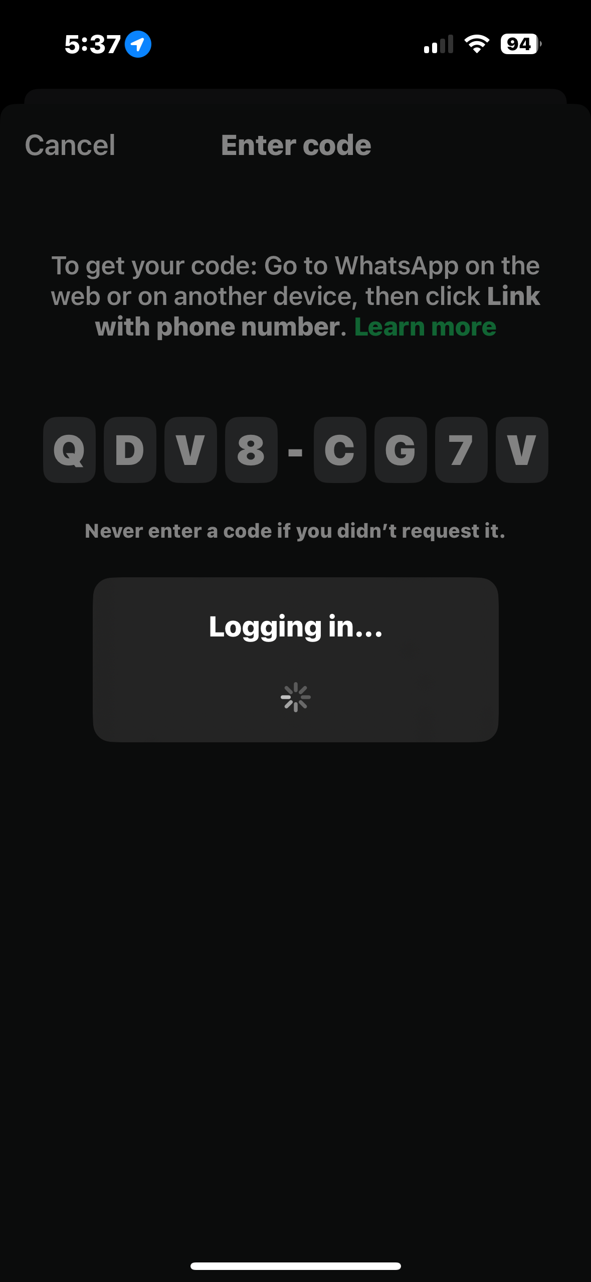 Entering the code in WhatsApp shows Logging in
